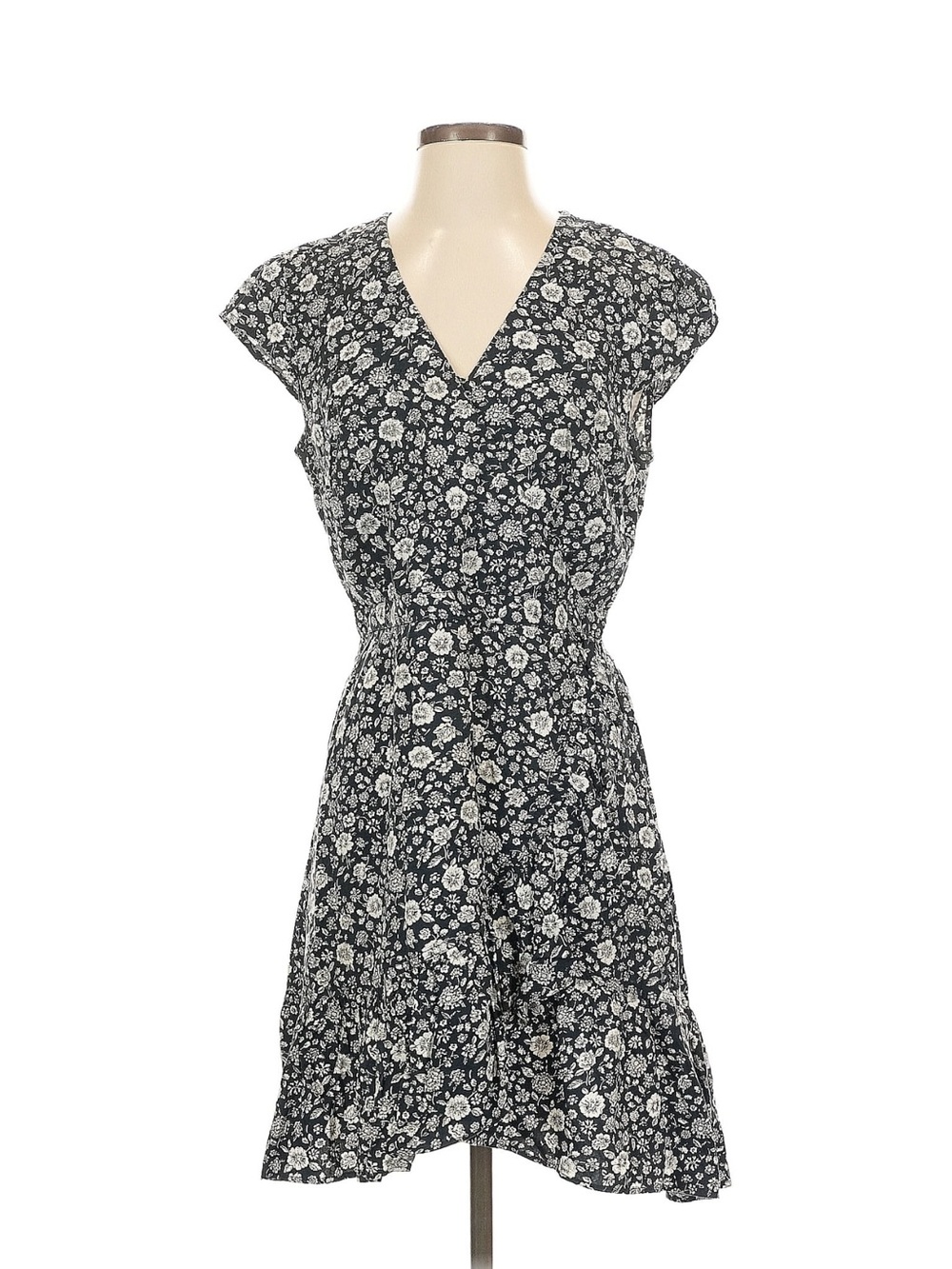 Black Floral Wrap Mini Dress with Cap Sleeves